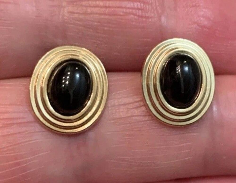 Vintage 14K Yellow Gold Oval Black Onyx Earrings W/Backs